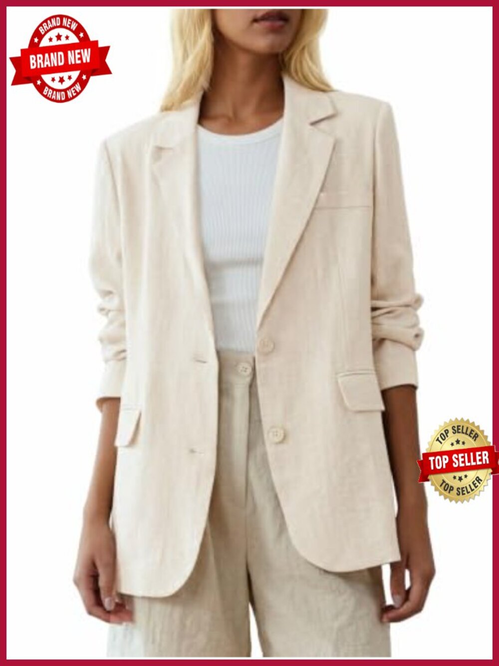 Linen Blend Oversized Longline Blazer Open Front Business Casual